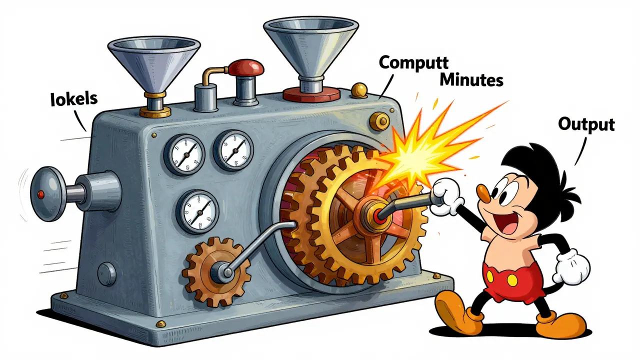Animated character struggling with complex LLM billing machine