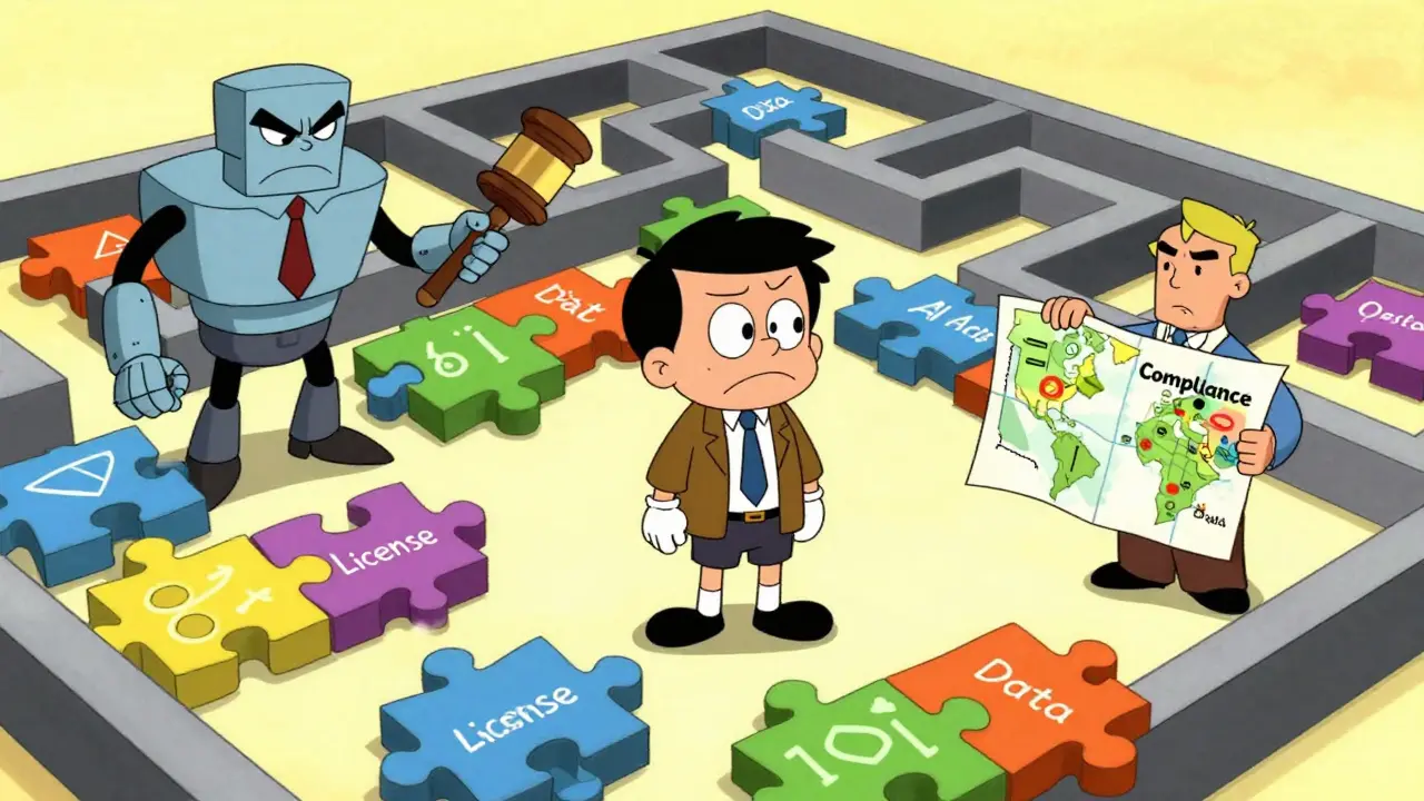 Businessman navigating a maze of AI licenses and regulations with a helpful guide.