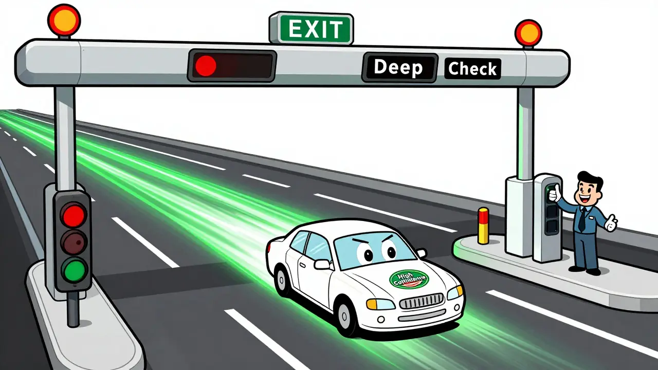 Car speeding through a toll booth fast lane, symbolizing early exit efficiency