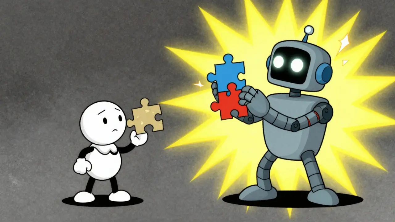 Cartoon robots showing the jump in capability when an AI model reaches a critical size threshold.