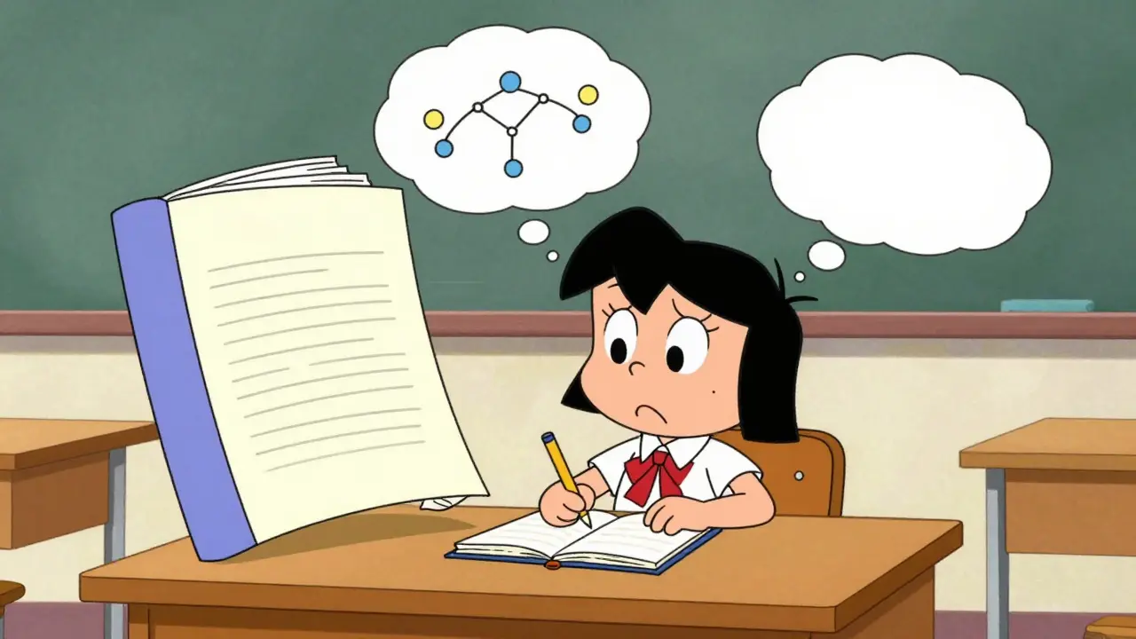 Cartoon student using mental logic to deepen understanding from a small notebook instead of a big textbook.