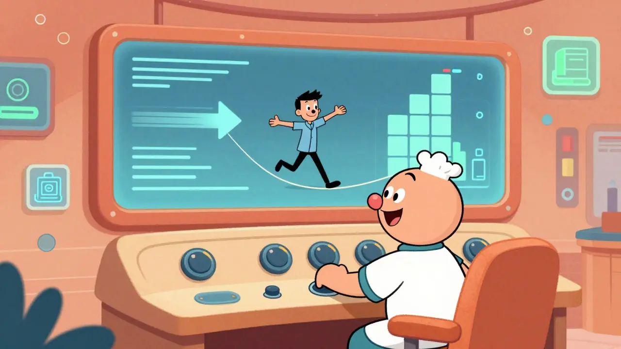 Cartoon technician balancing latency and throughput dials on a retro-futuristic AI server console.