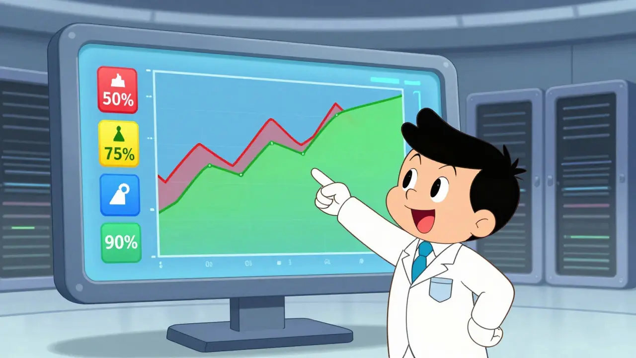 Cartoon technician monitoring stable AI usage on dashboard