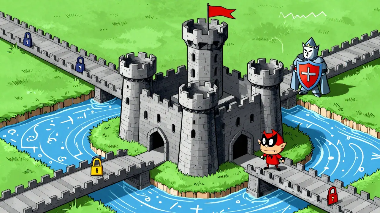 Castle with encryption moats and shields blocking villains, symbolizing layered privacy.