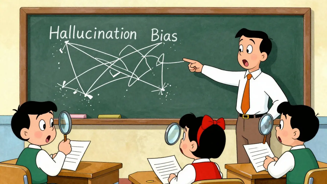 Classroom scene with students using magnifying glasses to check for errors in AI output.