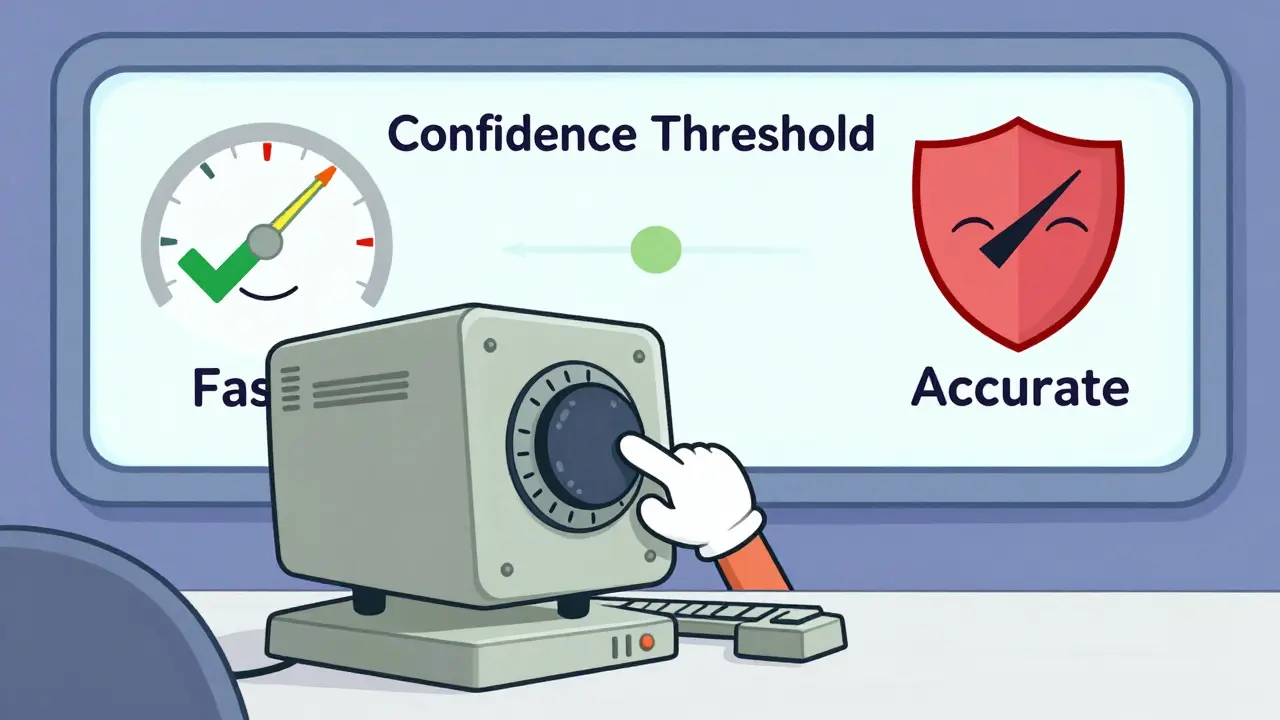 Computer adjusting confidence threshold dial, balancing speed and accuracy