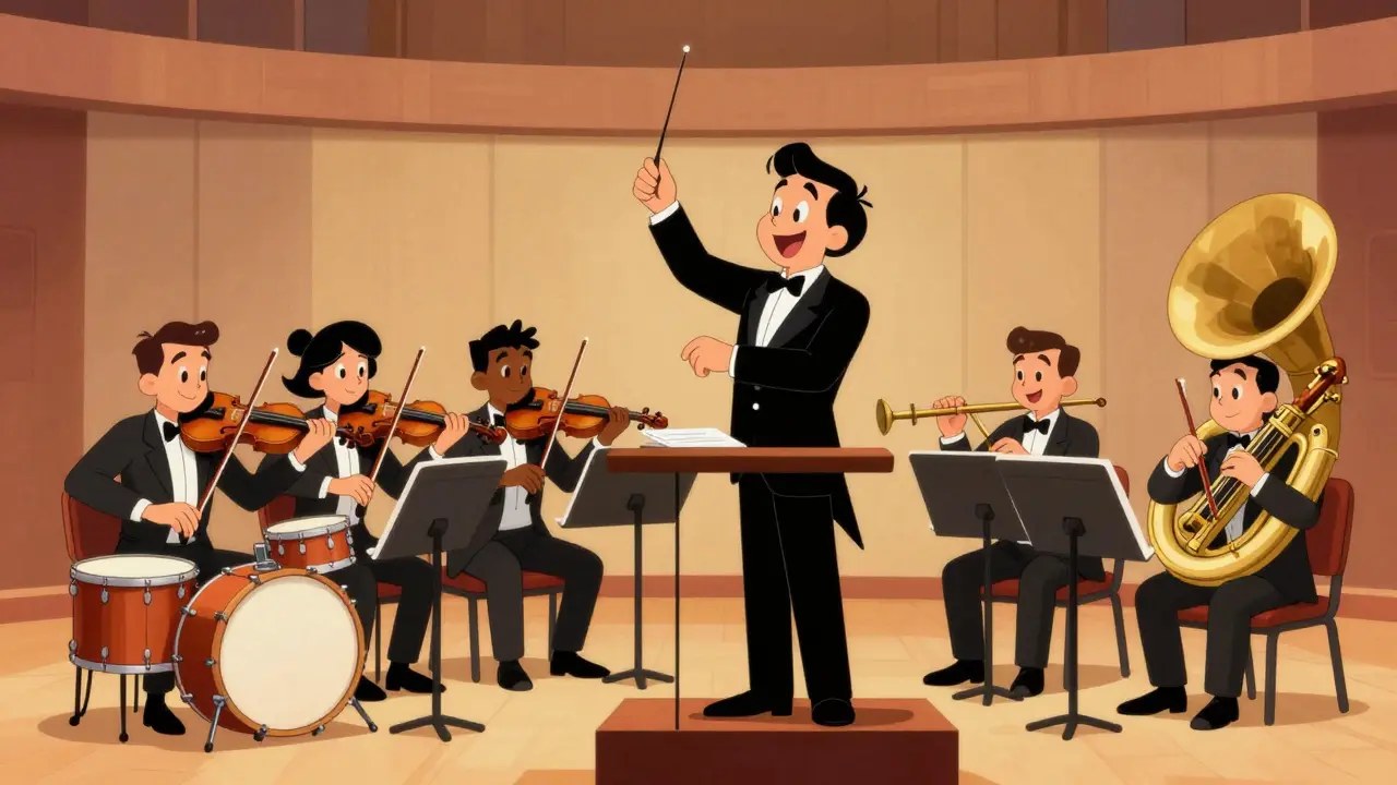 Conductor leading an orchestra representing different AI model strengths.