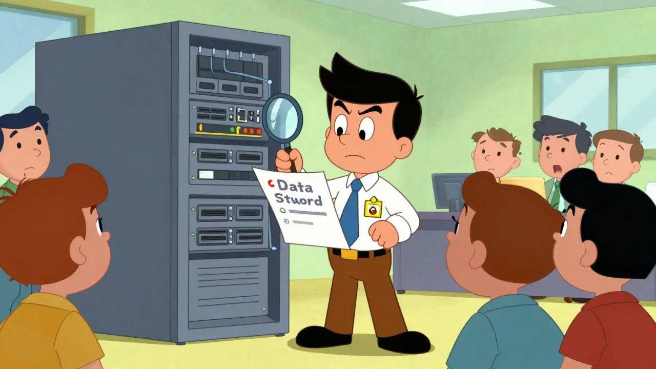 Data steward auditing server racks to ensure ethical AI practices