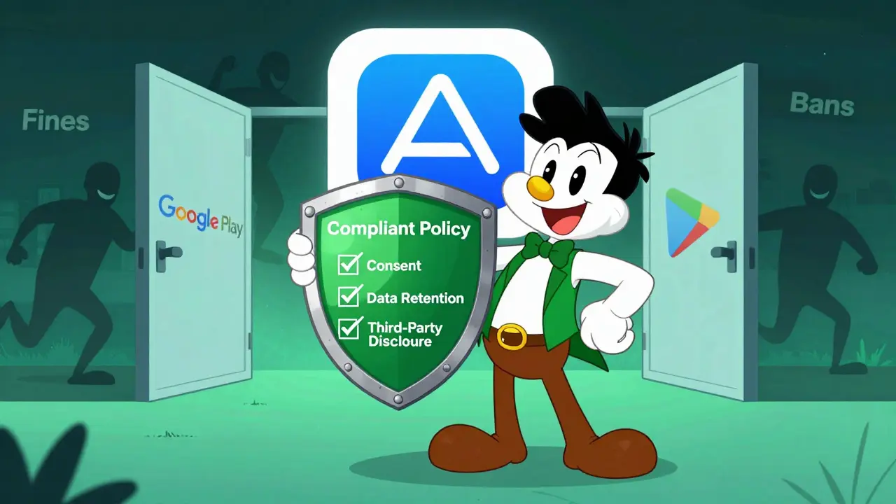 Developer holding compliant privacy policy shield near app stores
