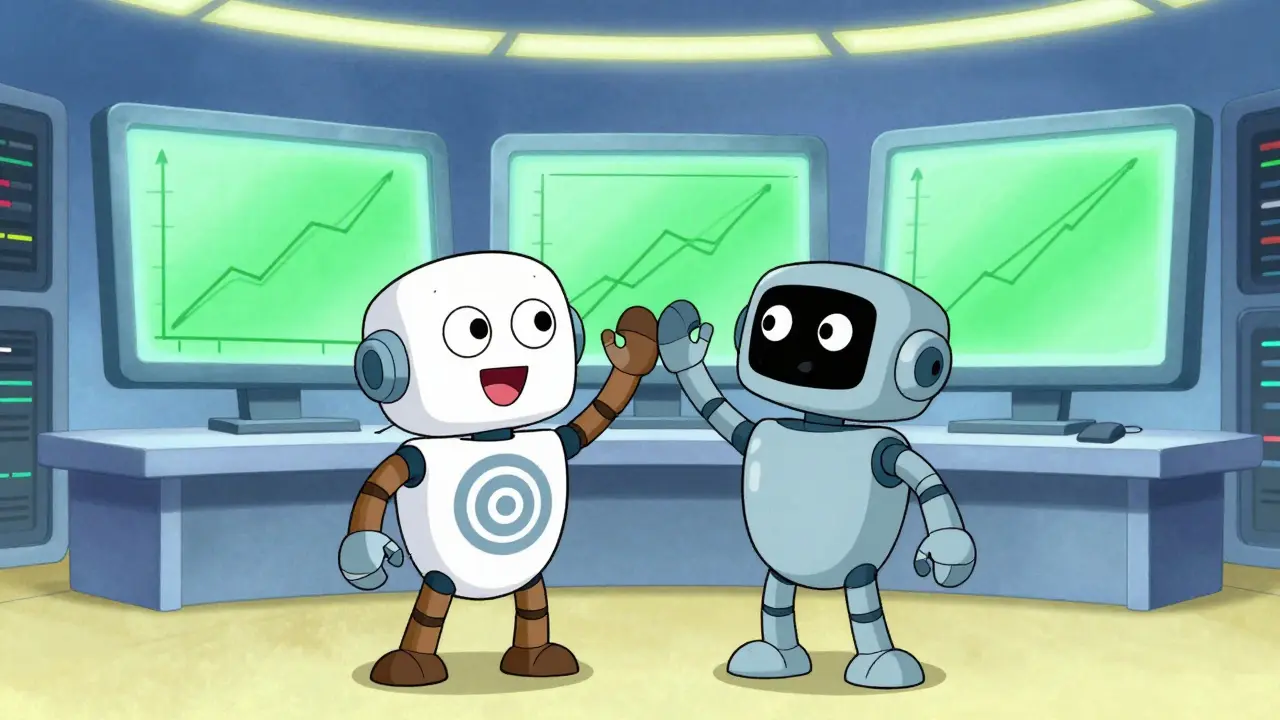 Friendly robot characters celebrating hybrid model success