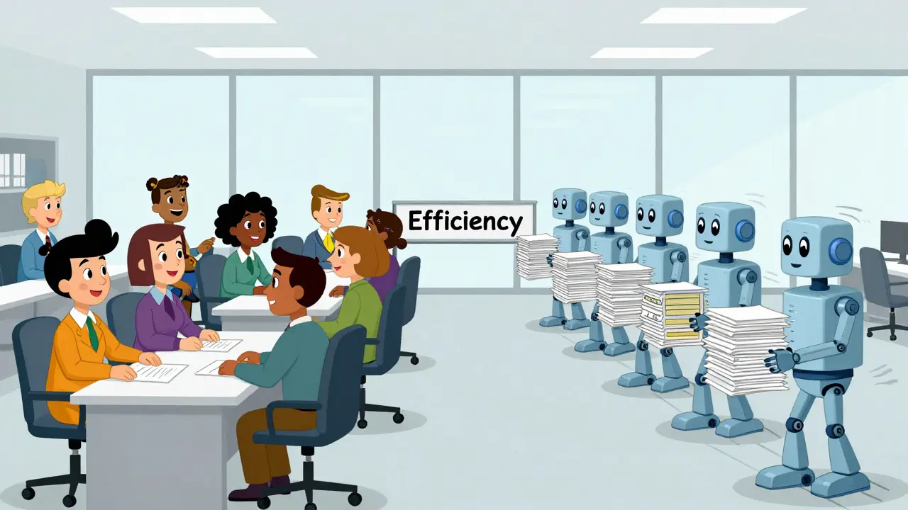 HR staff handling complex cases while robots process routine tasks