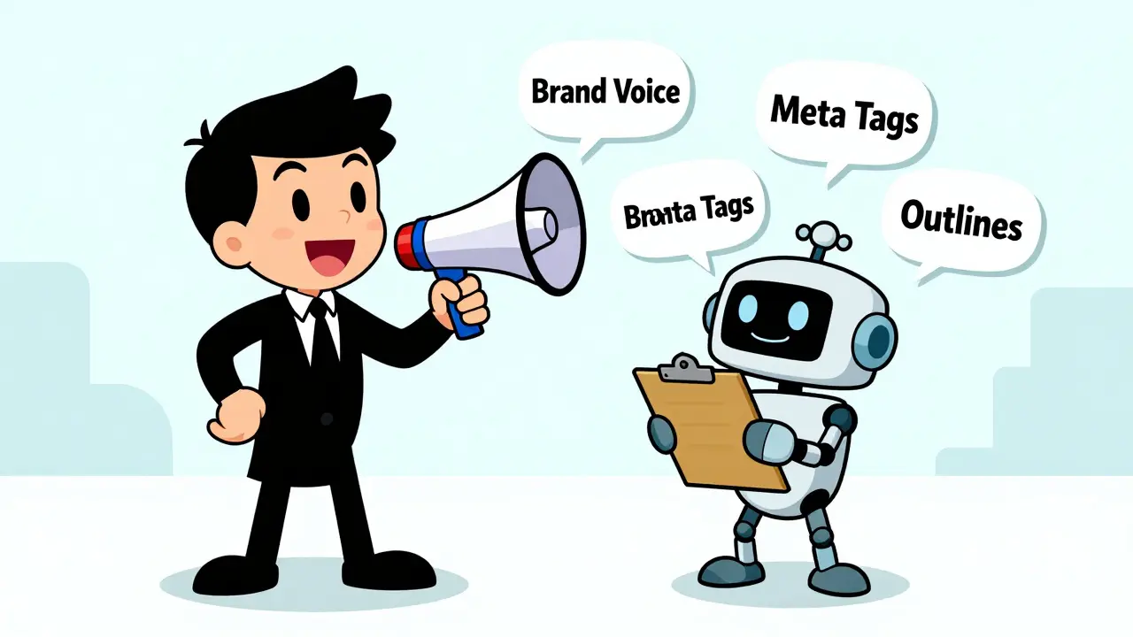 Human marketer directing robot intern with SEO tools