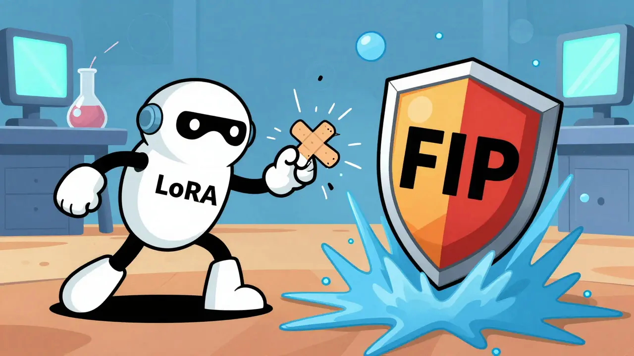 Illustration comparing LoRA failures vs FIP success in retaining knowledge