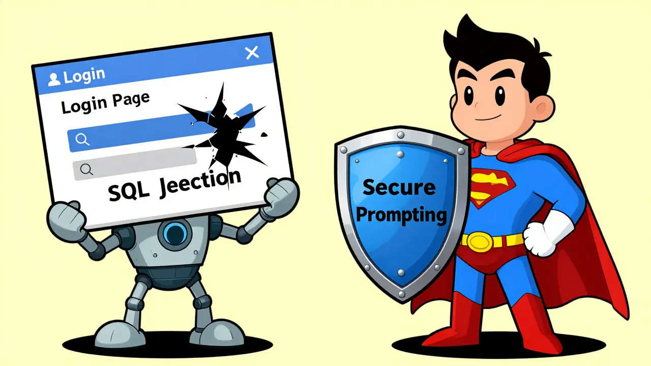 Illustration comparing vulnerable code vs secure prompting results