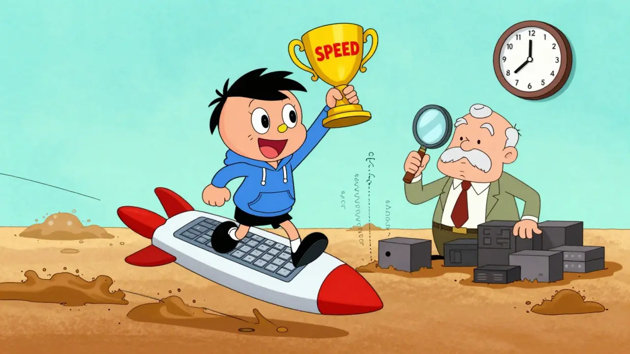 Junior dev flying fast while senior engineer struggles verifying code in Hanna-Barbera style.