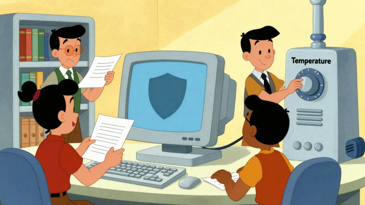 Office workers verifying AI suggestions and adjusting settings in a retro-futuristic style.