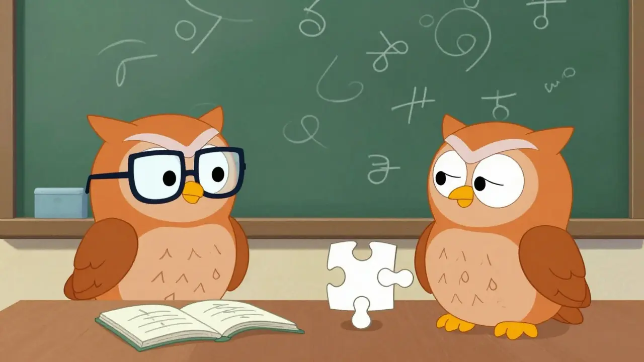 Owl solving easy math vs confused with new puzzle, illustrating memorization vs reasoning in cartoon style.