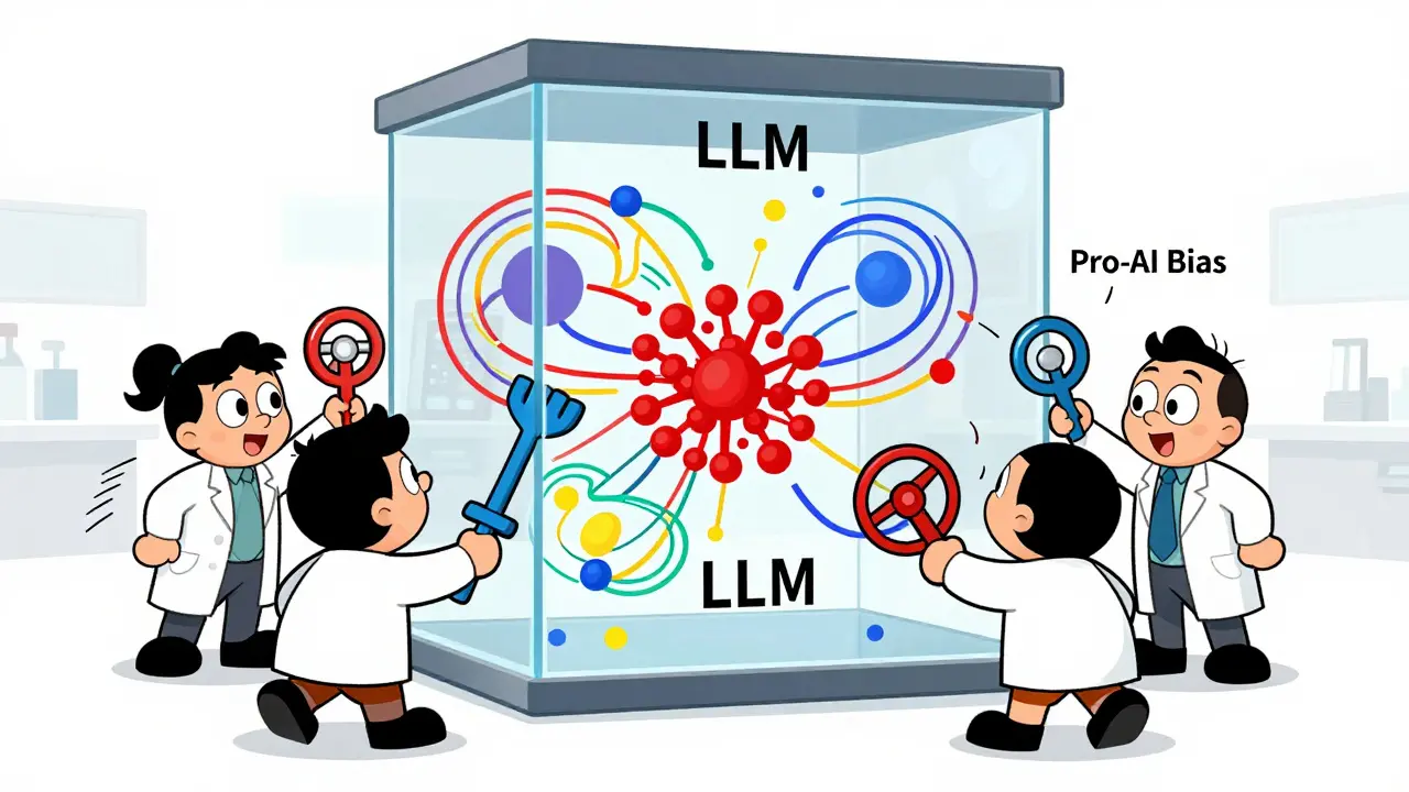 Researchers adjusting bias vectors inside a transparent AI model box.