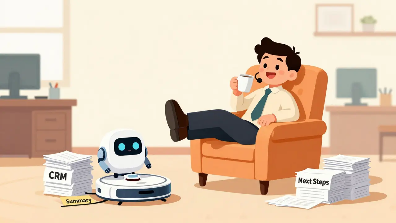 Robot automating sales admin tasks while the rep relaxes in a chair