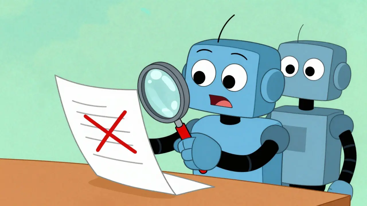 Robot fact-checking document with magnifying glass
