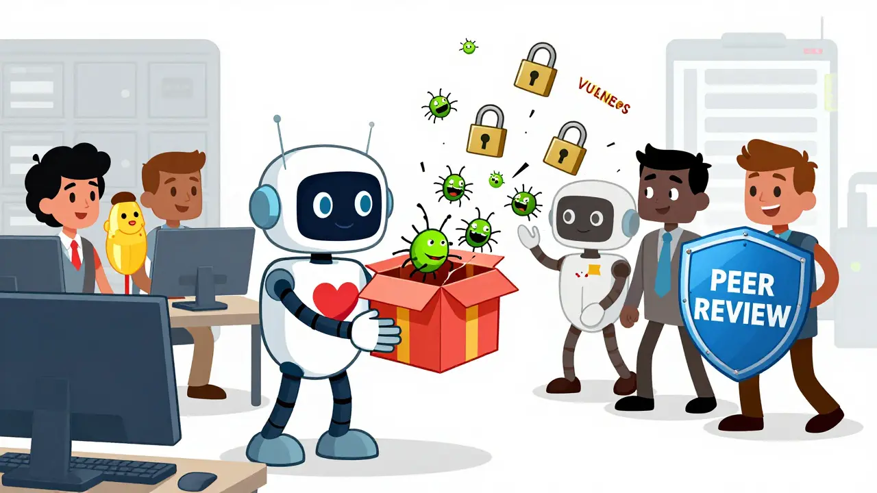 Robot giving gift box leaking security bugs to developers blocking with peer review shield.