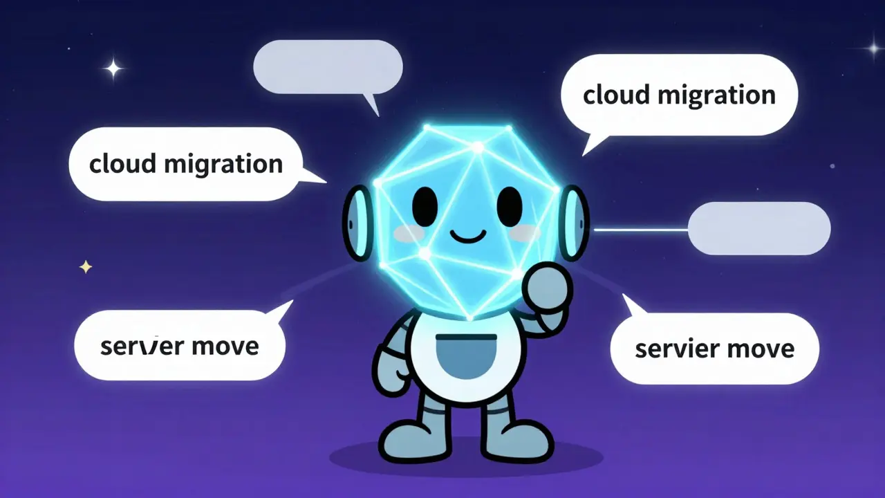 Robot holding a glowing geometric shape connecting similar concepts in a digital space