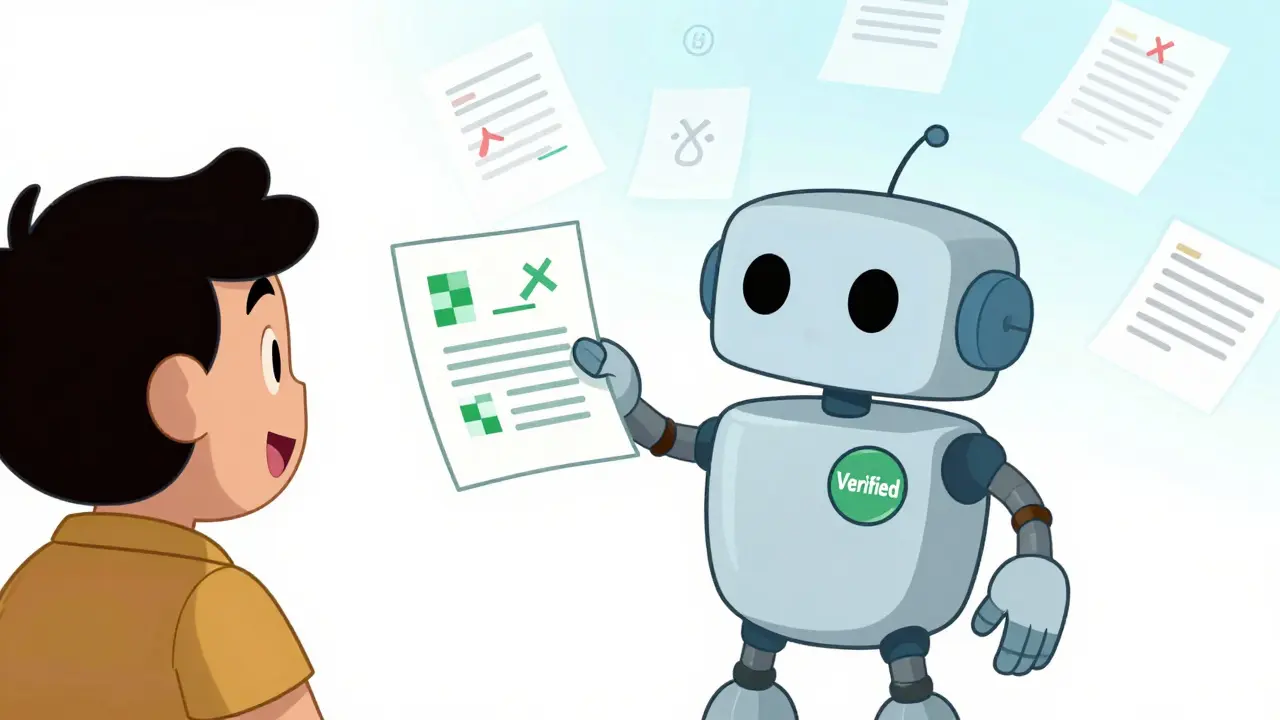 Robot presenting verified document to happy human user