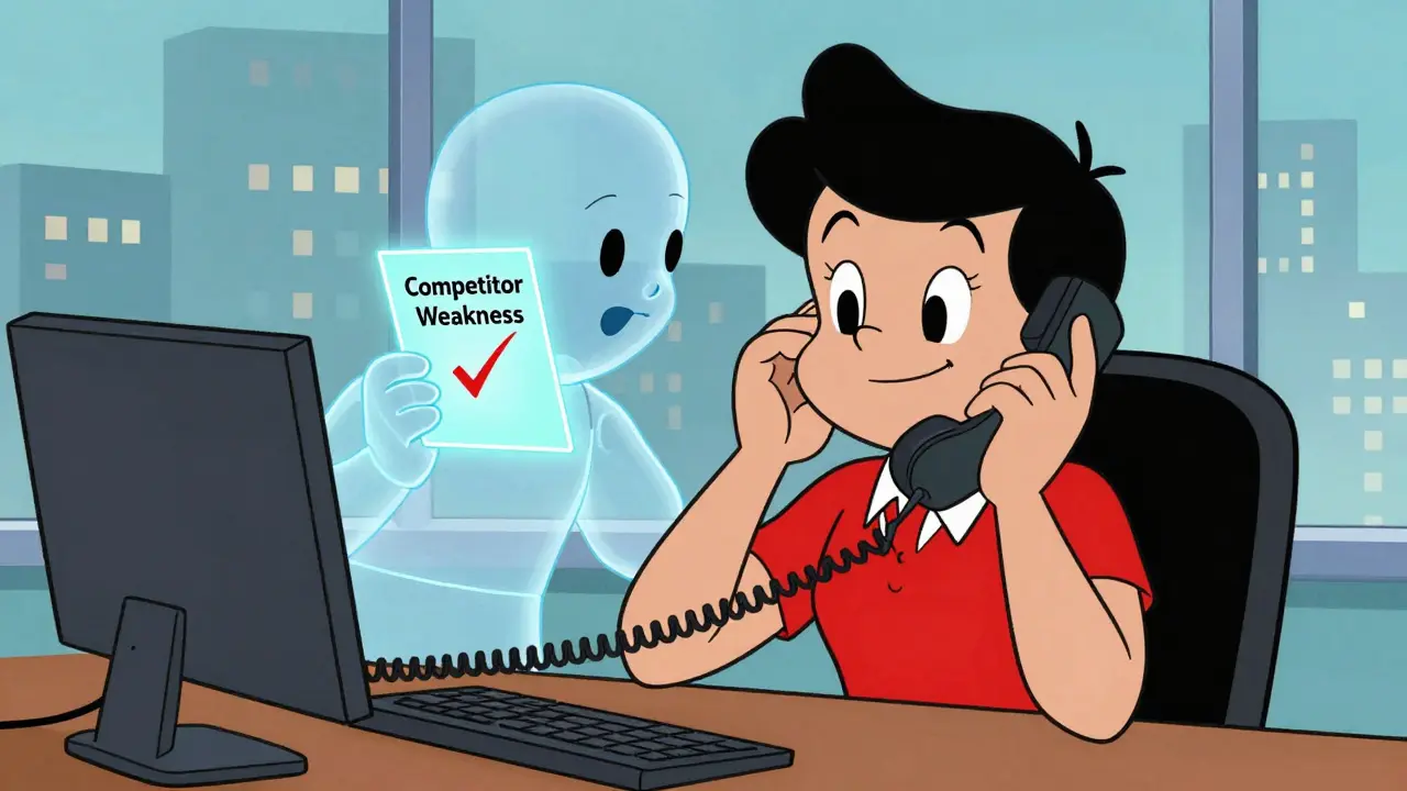 Salesperson receiving real-time AI whisper during a competitive sales call