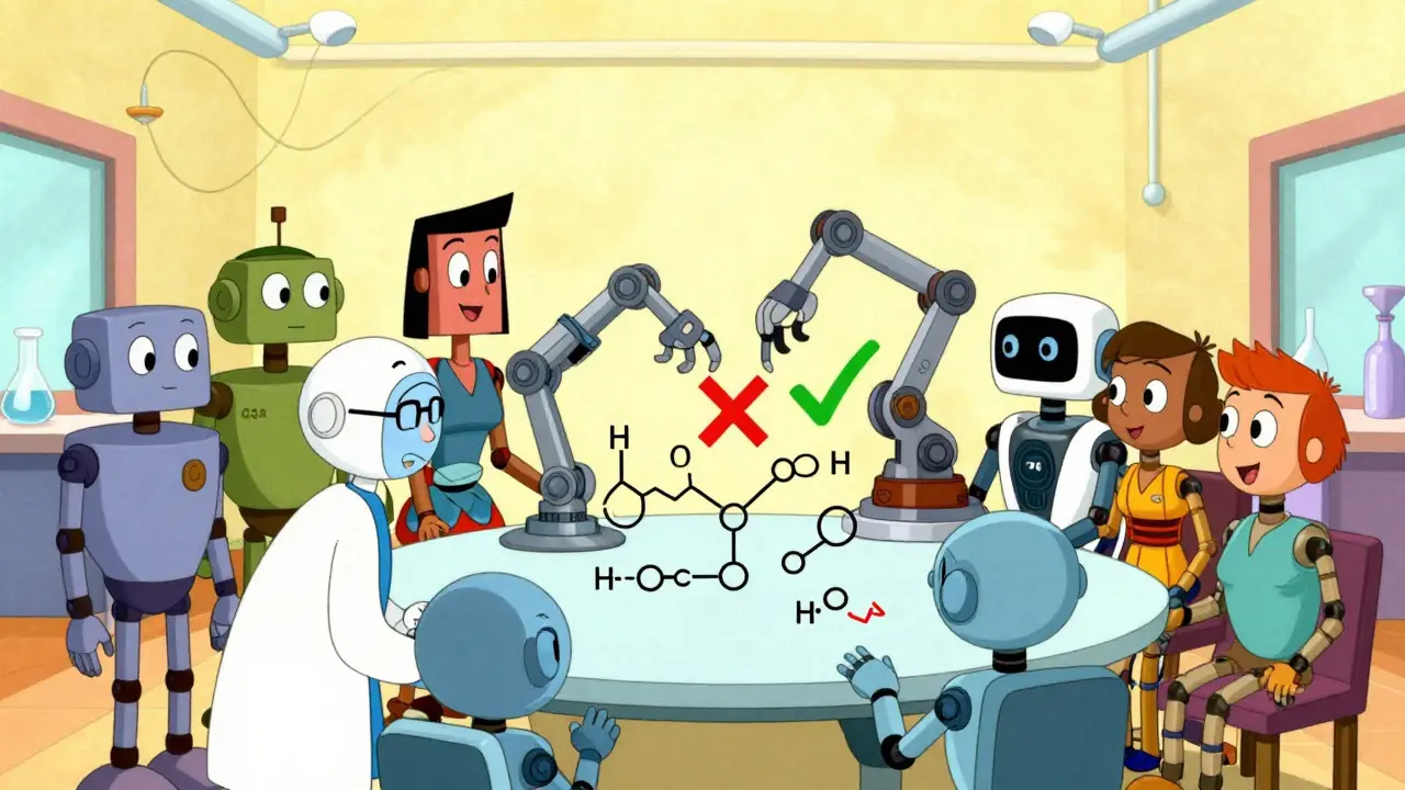 Scientists and robots collaborating on a chemical discovery with self-correction.