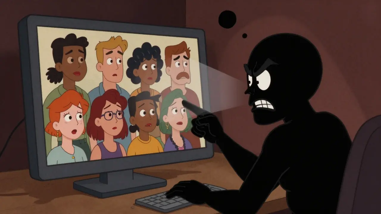 Shadowy figure amplifying biased reflections onto a computer screen