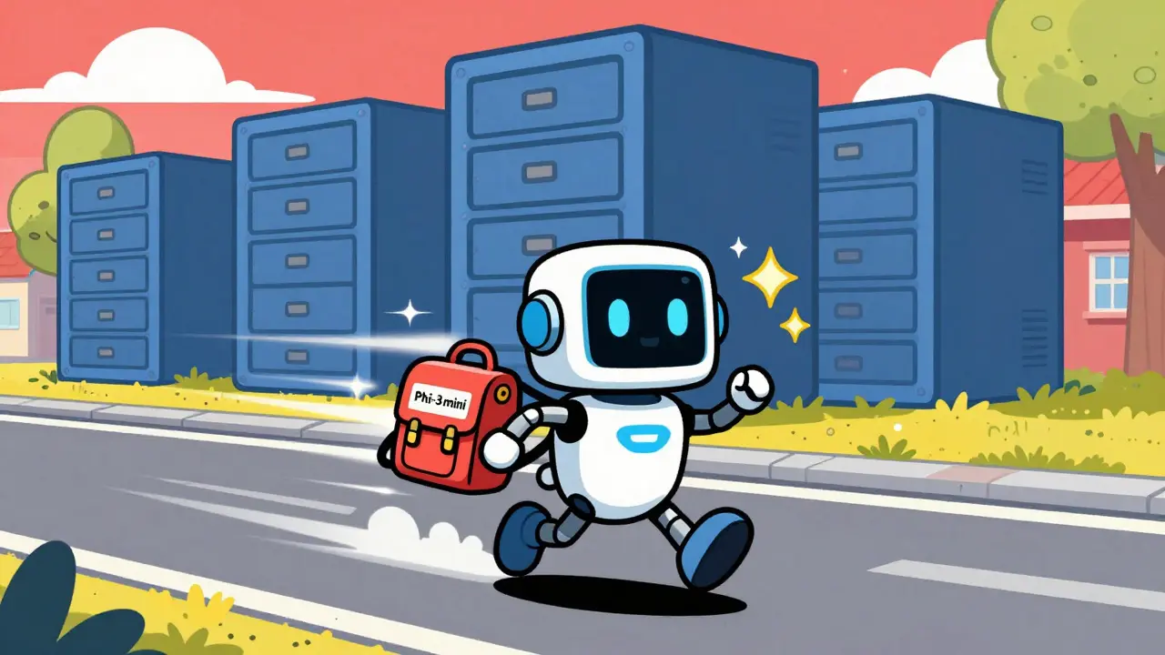 Small efficient AI robot running fast on a street, leaving slow servers behind.