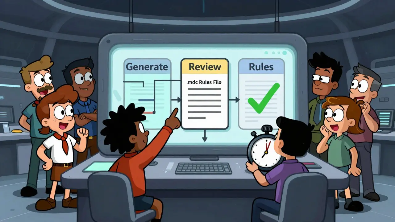 Team celebrating efficient secure coding workflow with rules files