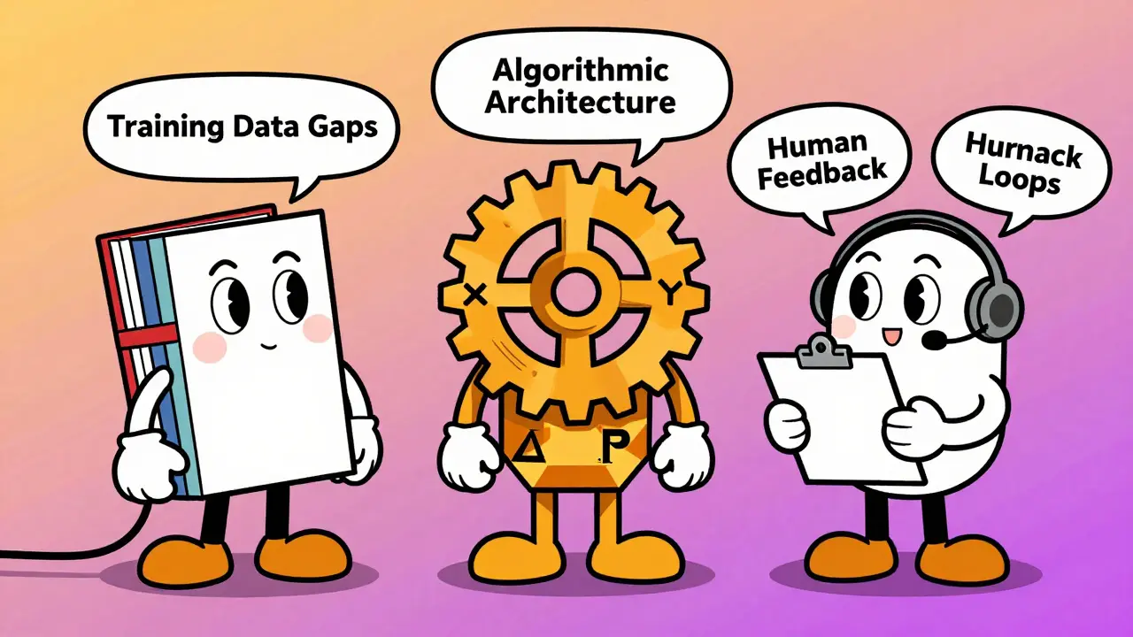 Three cartoon characters representing data, algorithms, and human feedback.