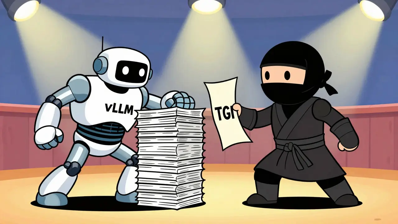 Two cartoon robots competing: one processes many tasks quickly, the other delivers single tasks precisely.