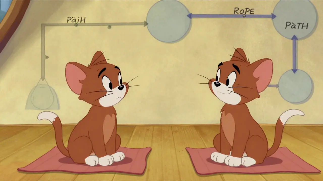 Two cats swapping places to illustrate word order and syntax concepts.