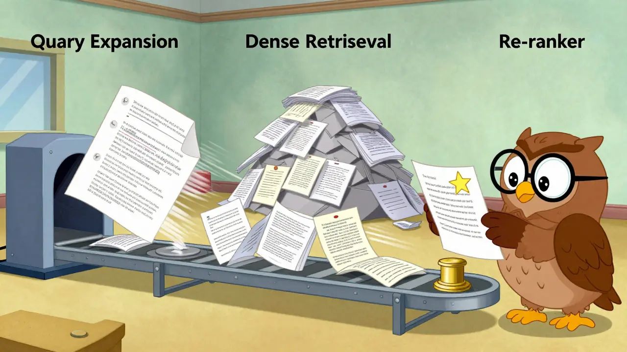 Whimsical factory assembly line illustrating the three stages of semantic search