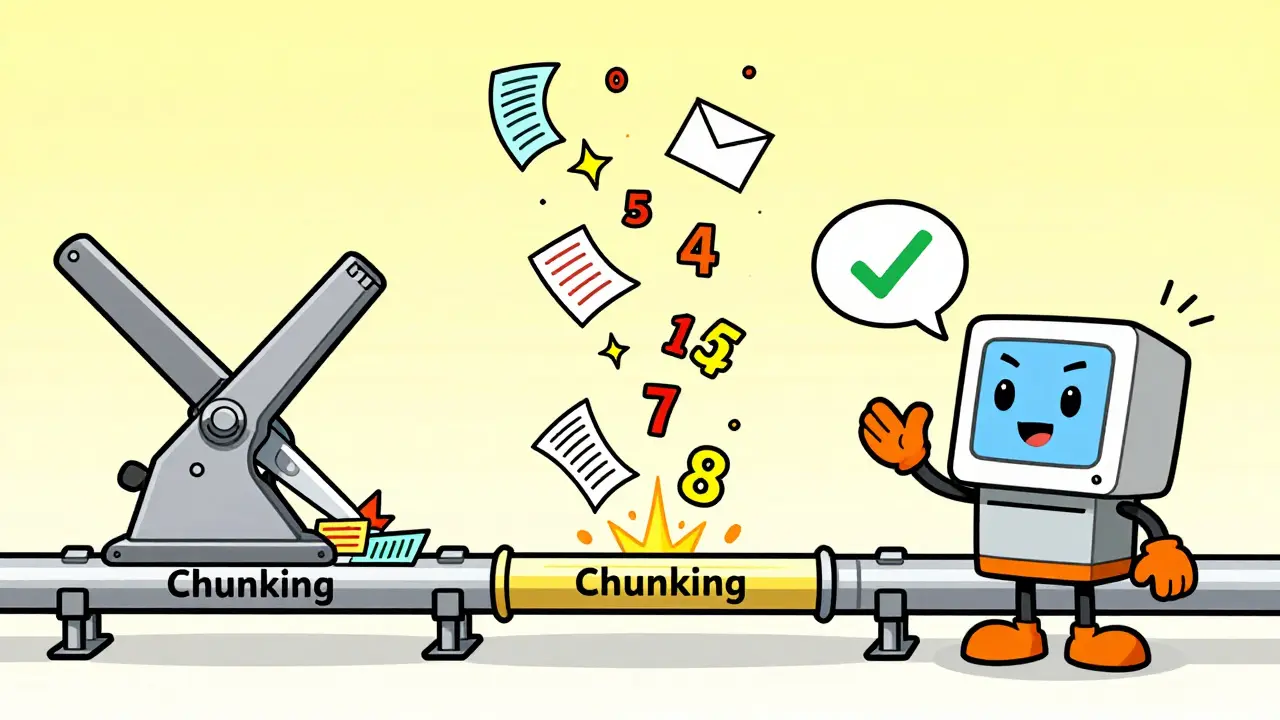 Whimsical factory pipeline showing document chunking and vector embeddings, cartoon style