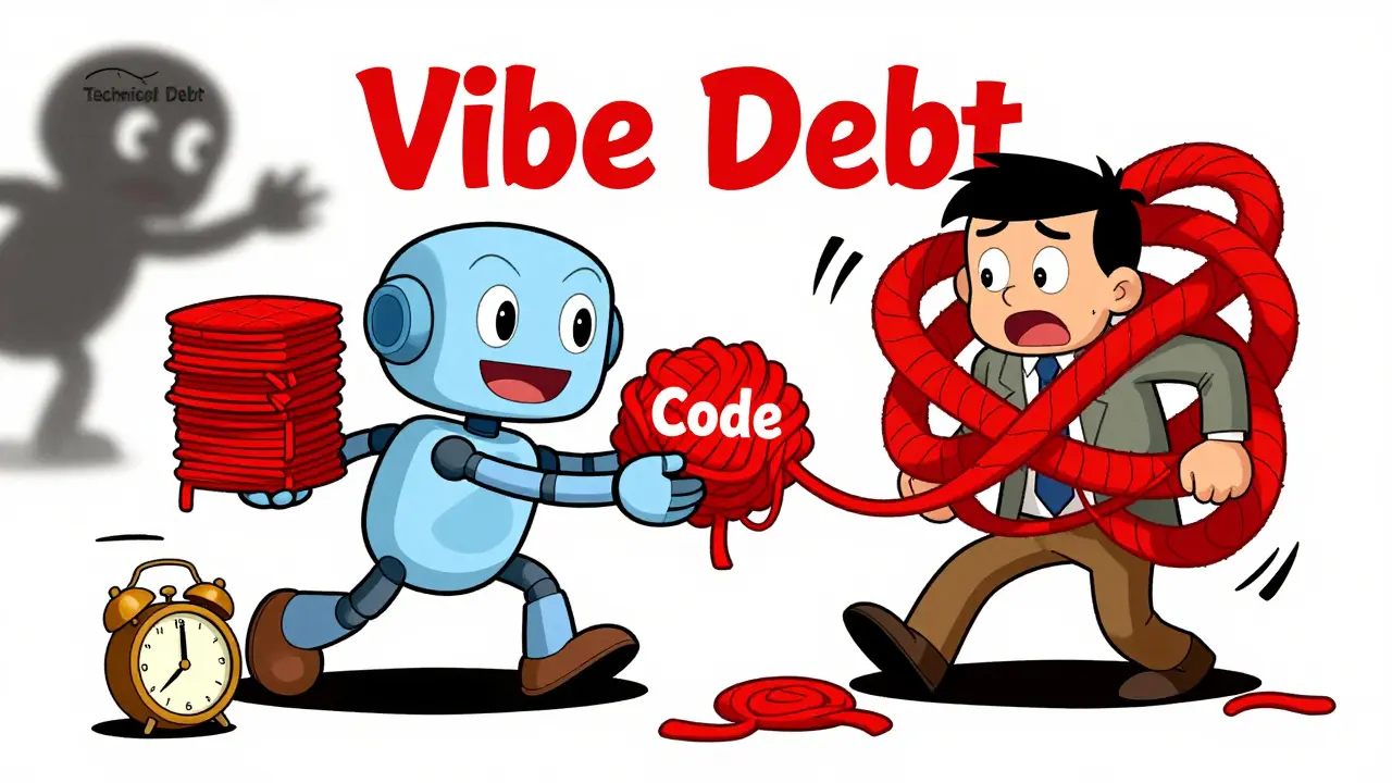 AI robot giving tangled code yarn to a stressed developer, illustrating vibe debt.