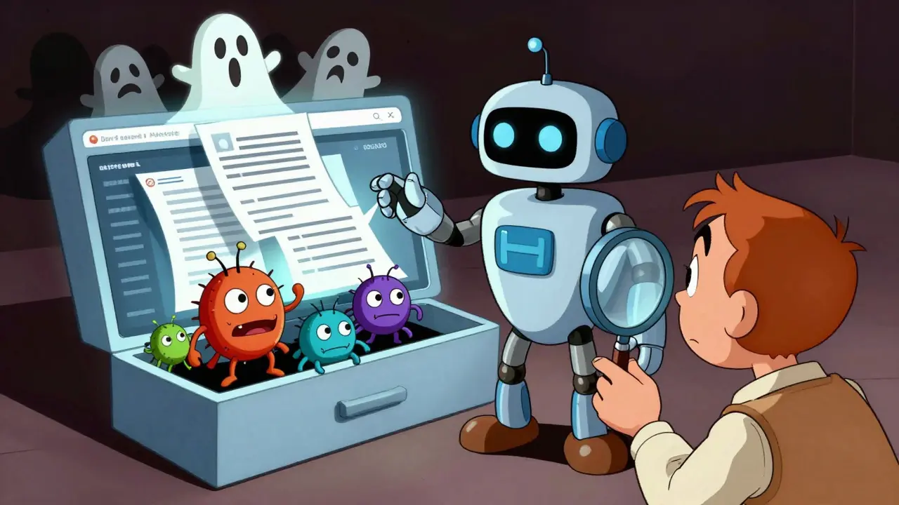 AI robot presenting code with hidden bugs, inspected by cautious developer