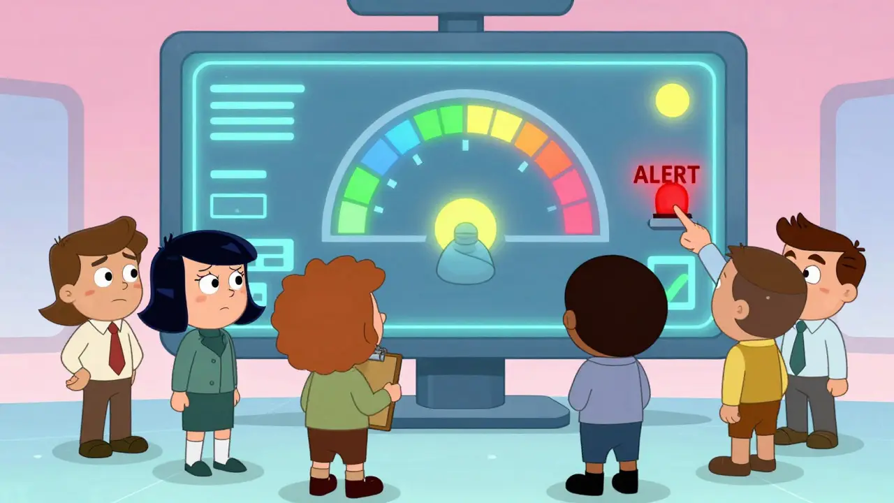 Animated team monitors glowing dashboard with warning lights for AI governance metrics