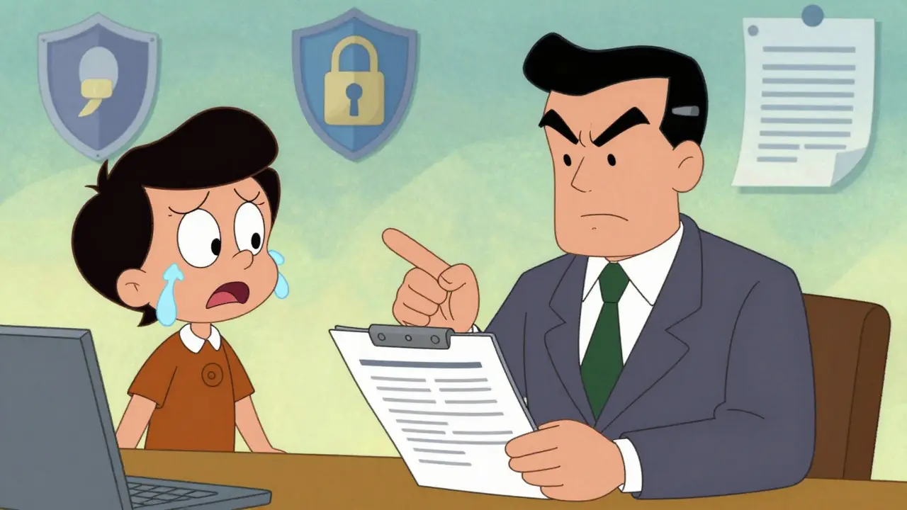 Businessman showing a strict checklist to a nervous software vendor in cartoon style