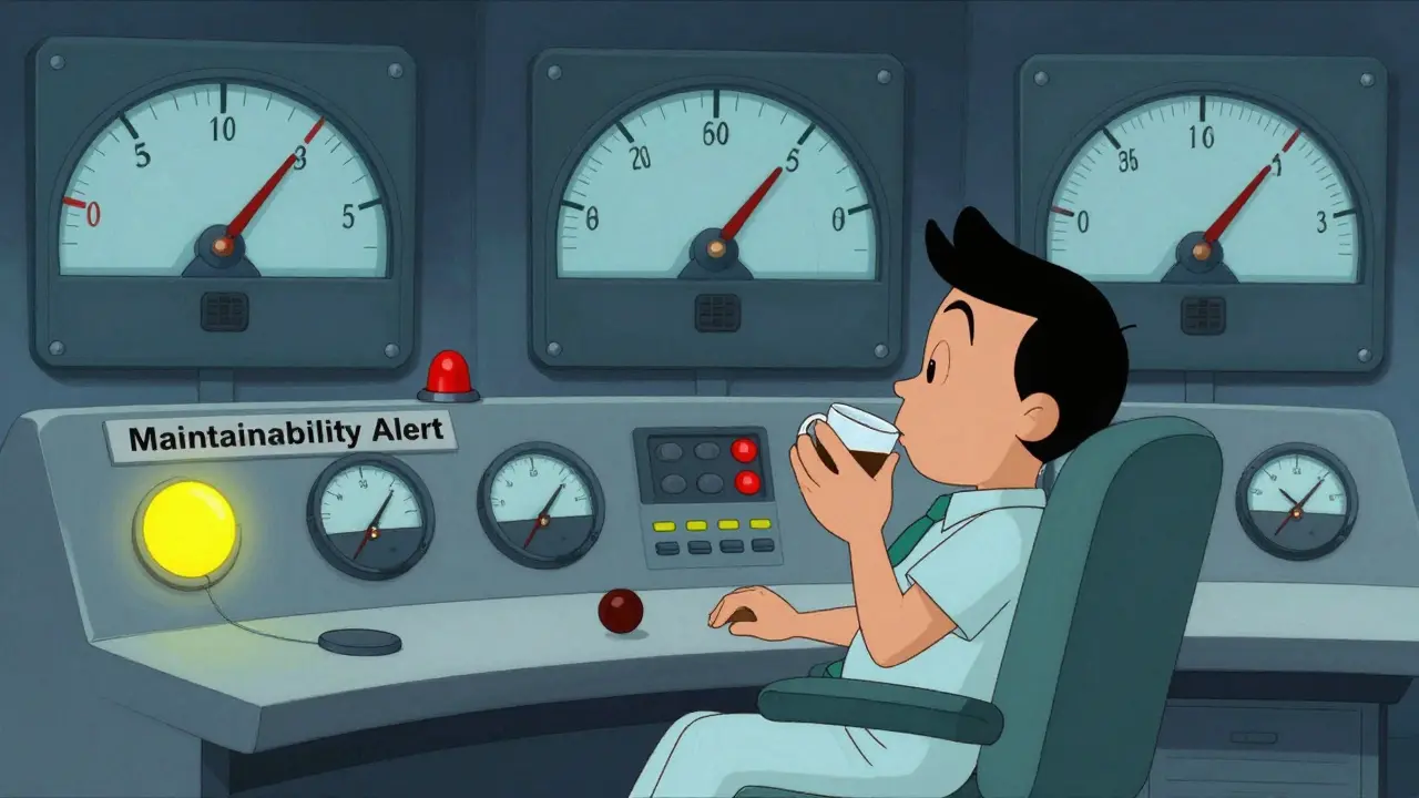 Calm engineer monitoring gentle alerts on a retro control room dashboard