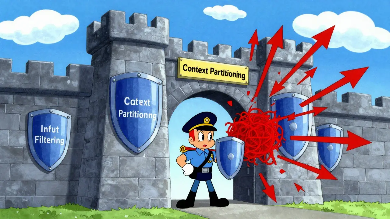 Cartoon AI fortress with layered shields blocking red attack arrow vectors.