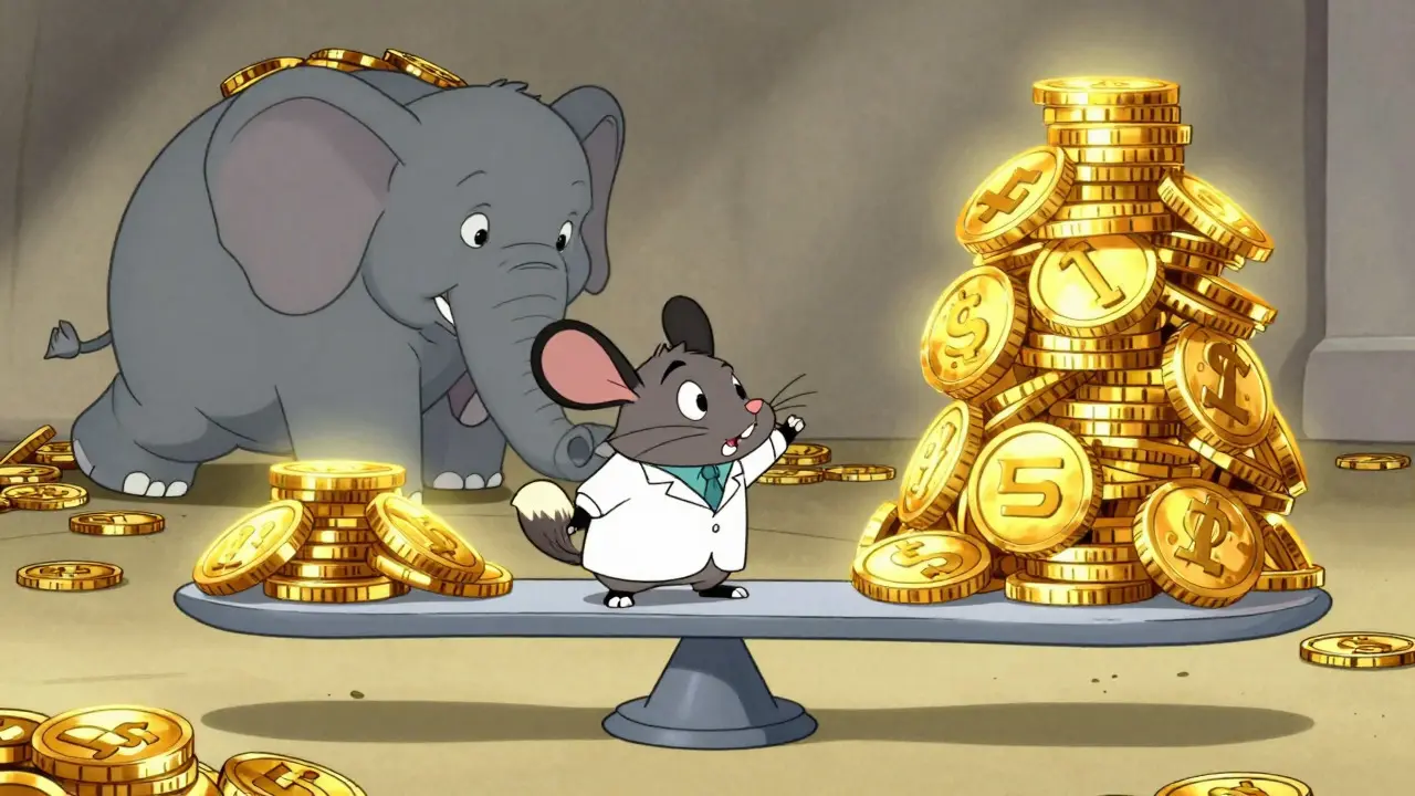 Cartoon chinchilla balancing efficiently on a scale with many data tokens versus a struggling large model.