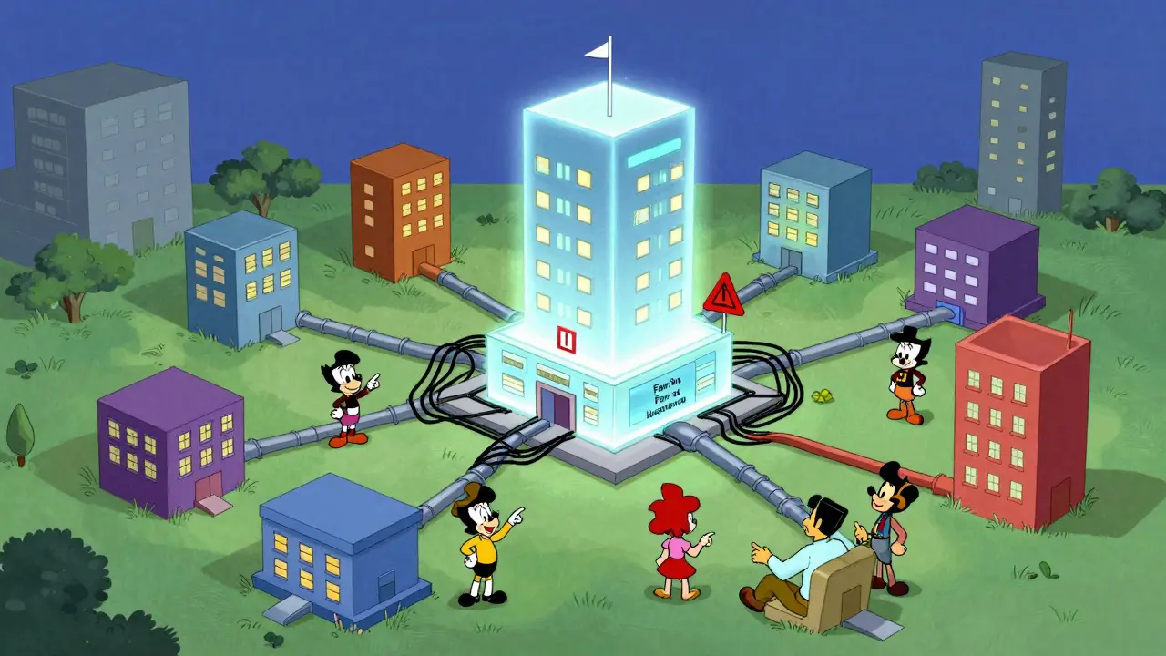 Cartoon cityscape showing high coupling risks in code