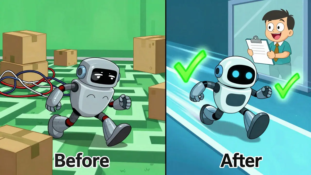 Cartoon comparison of slow vs fast optimized code robots in a maze