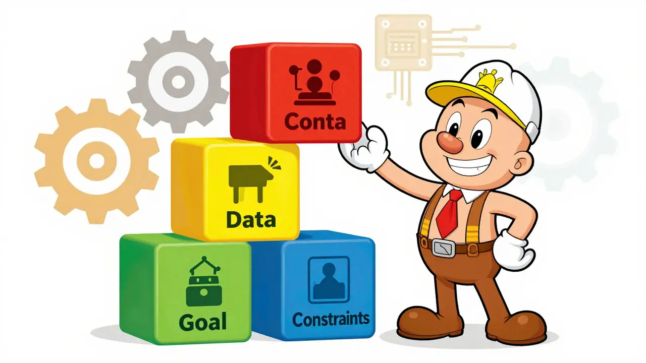 Cartoon engineer building a tower of prompt components: context, data, constraints