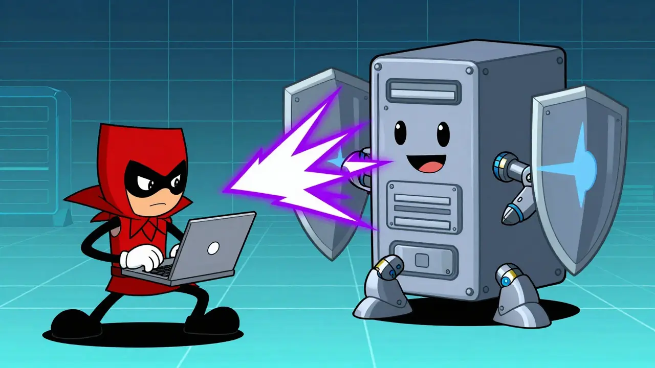 Cartoon hacker attacks a struggling robot server during red team AI stress testing