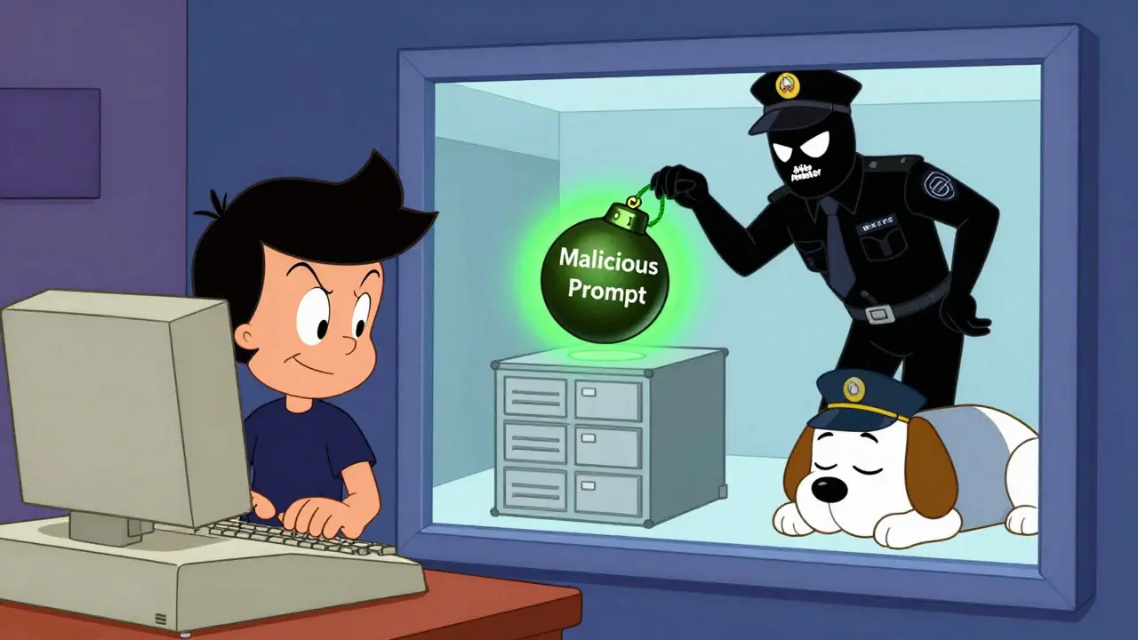 Cartoon hacker sneaking a malicious prompt bomb past a sleeping security dog.