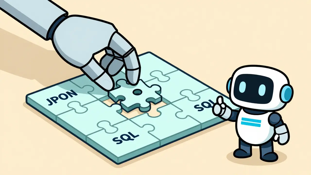 Cartoon robot assembling structured data blocks like JSON puzzle pieces